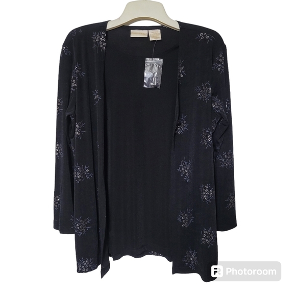 Christie And Jill Black Floral Double Layer Single Button Overlay Blouse Large - Picture 3 of 7